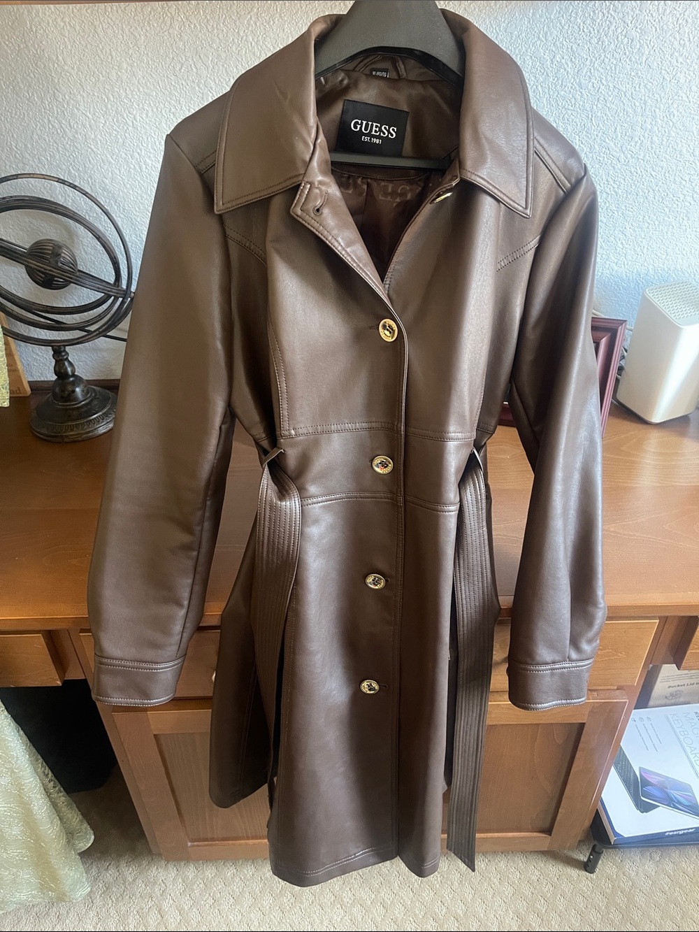 GUESS Brown Faux Leather Button-Front Trench Coat